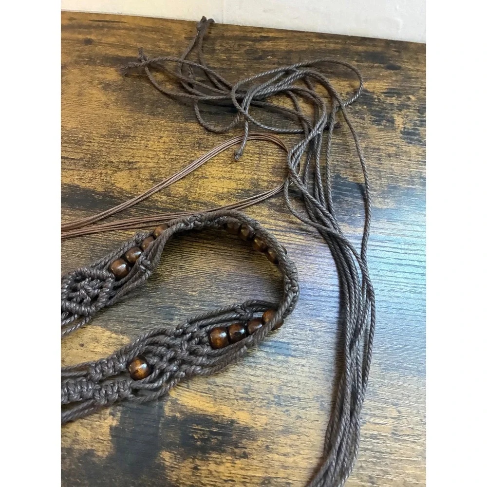 Boho Macrame Belt Brown Woven Wood Bead Ceramic Starfish Coastal Festival Tie